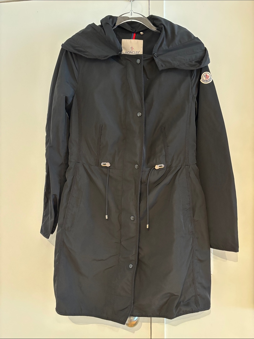 Moncler Black Hooded Trench Coat with Drawstring Waist